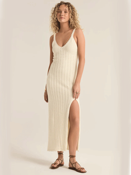 Z Supply ZD243111-SSN Womens Eleena Knit Crochet Midi Dress Sandstone Ivory front view. If you need any assistance with this item or the purchase of this item please call us at five six one seven four eight eight eight zero one Monday through Saturday 10:00a.m EST to 8:00 p.m EST