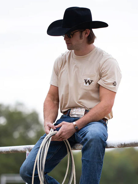 Hooey HT1700TN Mens John Wayne T-Shirt Tan front view on model. If you need any assistance with this item or the purchase of this item please call us at five six one seven four eight eight eight zero one Monday through Saturday 10:00a.m EST to 8:00 p.m EST
