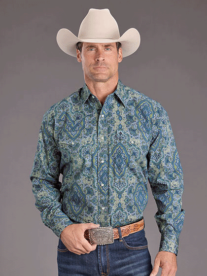 Stetson 11-001-0425-2060 Mens Paisley Print Western Shirt Blue front view. If you need any assistance with this item or the purchase of this item please call us at five six one seven four eight eight eight zero one Monday through Saturday 10:00a.m EST to 8:00 p.m EST