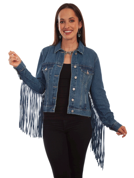 Scully HC711-DEN Womens Fringe Denim Western Jacket Blue front view. If you need any assistance with this item or the purchase of this item please call us at five six one seven four eight eight eight zero one Monday through Saturday 10:00a.m EST to 8:00 p.m EST