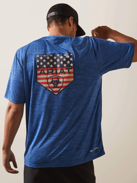 Ariat 10043764 Mens Charger Proud Shield T-Shirt Monaco Blue back view. If you need any assistance with this item or the purchase of this item please call us at five six one seven four eight eight eight zero one Monday through Saturday 10:00a.m EST to 8:00 p.m EST