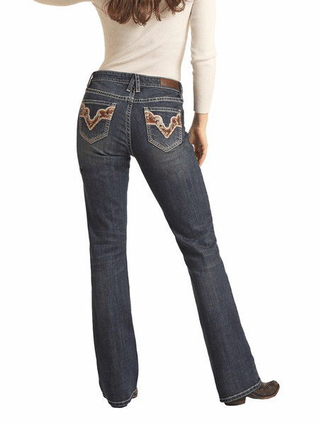 Rock & Roll Denim BW4MD02971 Womens Cowhide Mid Rise Bootcut Jean Dark Vintage back view on model. If you need any assistance with this item or the purchase of this item please call us at five six one seven four eight eight eight zero one Monday through Saturday 10:00a.m EST to 8:00 p.m EST