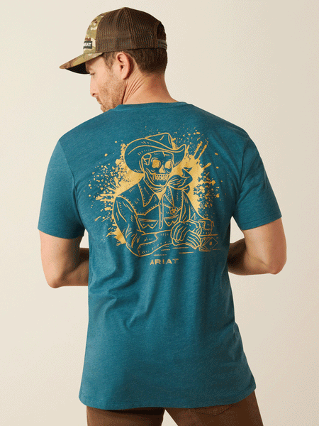 Ariat 10054003 Mens Played Out T-Shirt Deep Sea Heather Teal back view. If you need any assistance with this item or the purchase of this item please call us at five six one seven four eight eight eight zero one Monday through Saturday 10:00a.m EST to 8:00 p.m EST