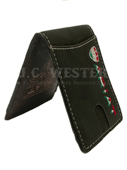 Ariat A3555401 Mens Money Clip Wallet Mexico Flag Black side and inside view standing. If you need any assistance with this item or the purchase of this item please call us at five six one seven four eight eight eight zero one Monday through Saturday 10:00a.m EST to 8:00 p.m EST
