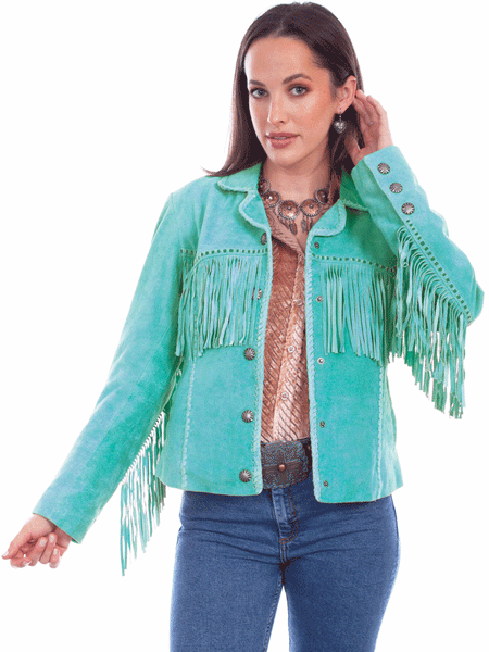 Scully L1080-123 Womens Suede Fringe Jacket Turquoise front view. If you need any assistance with this item or the purchase of this item please call us at five six one seven four eight eight eight zero one Monday through Saturday 10:00a.m EST to 8:00 p.m EST