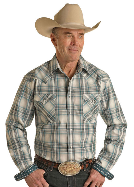 Panhandle RMN2S02820 Mens Rough Stock Snap Long Sleeve Shirt Teal front view. If you need any assistance with this item or the purchase of this item please call us at five six one seven four eight eight eight zero one Monday through Saturday 10:00a.m EST to 8:00 p.m EST