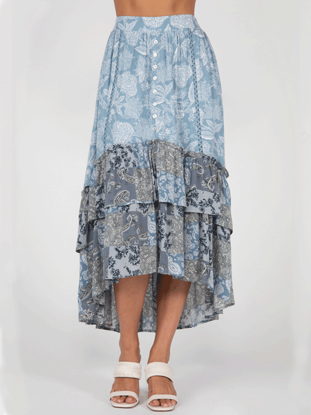 Miss Me MS0133L Womens Long Tiered Ruffled Floral Skirt Blue front view. If you need any assistance with this item or the purchase of this item please call us at five six one seven four eight eight eight zero one Monday through Saturday 10:00a.m EST to 8:00 p.m EST