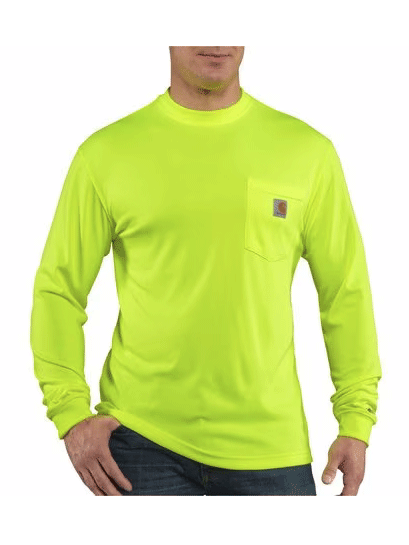 Carhartt 100494-323 Mens Force Color Enhanced Long Sleeve T-Shirt Brite Lime front view on model. If you need any assistance with this item or the purchase of this item please call us at five six one seven four eight eight eight zero one Monday through Saturday 10:00a.m EST to 8:00 p.m EST