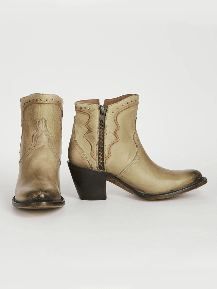 Lucchese M6011 Womens KARLA Studded Bootie Pearl Bone front and side view. If you need any assistance with this item or the purchase of this item please call us at five six one seven four eight eight eight zero one Monday through Saturday 10:00a.m EST to 8:00 p.m EST