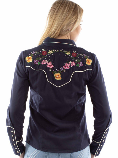 Scully PL899-NAV Womens Bright Floral Embroidery Blouse Navy back view. If you need any assistance with this item or the purchase of this item please call us at five six one seven four eight eight eight zero one Monday through Saturday 10:00a.m EST to 8:00 p.m EST