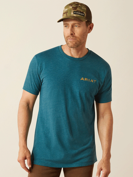Ariat 10054003 Mens Played Out T-Shirt Deep Sea Heather Teal front view. If you need any assistance with this item or the purchase of this item please call us at five six one seven four eight eight eight zero one Monday through Saturday 10:00a.m EST to 8:00 p.m EST