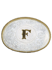 Montana Silversmiths 700 Initial Silver Engraved Gold Trim Western Belt Buckle letter F front view. If you need any assistance with this item or the purchase of this item please call us at five six one seven four eight eight eight zero one Monday through Saturday 10:00a.m EST to 8:00 p.m EST