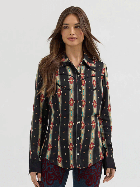 Wrangler 112360598 Womens X Lainey Wilson Classic Long Sleeve Shirt Checotah Black front untucked. If you need any assistance with this item or the purchase of this item please call us at five six one seven four eight eight eight zero one Monday through Saturday 10:00a.m EST to 8:00 p.m EST