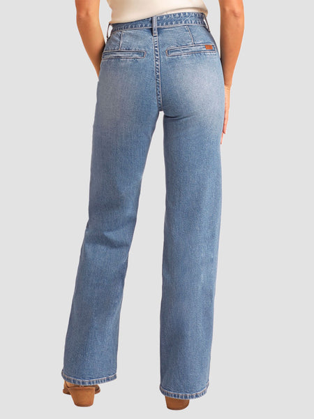 Rock & Roll Denim BW6HD06063 Womens High Rise Belted Relaxed Flare Jeans Medium Wash back view. If you need any assistance with this item or the purchase of this item please call us at five six one seven four eight eight eight zero one Monday through Saturday 10:00a.m EST to 8:00 p.m EST