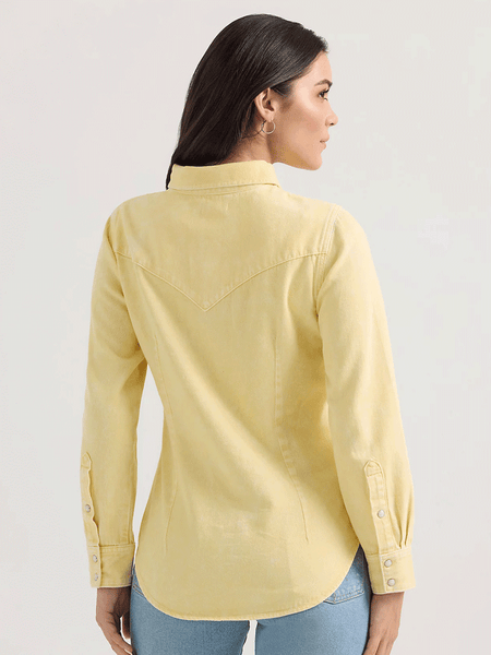 Wrangler 112361387 Womens Colorwash Slim Western Snap Shirt Yellow back view. If you need any assistance with this item or the purchase of this item please call us at five six one seven four eight eight eight zero one Monday through Saturday 10:00a.m EST to 8:00 p.m EST