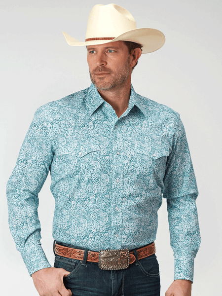 Roper 03-001-0225-2108 Mens All Over Paisley Print Snap Shirt Teal front view. If you need any assistance with this item or the purchase of this item please call us at five six one seven four eight eight eight zero one Monday through Saturday 10:00a.m EST to 8:00 p.m EST
