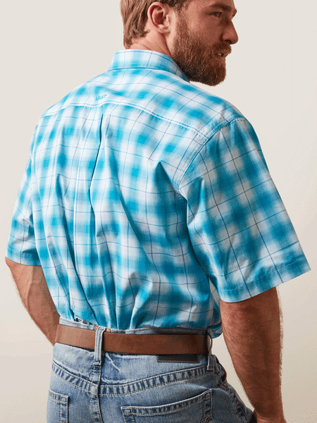Ariat 10043862 Mens Pro Series Khari Classic Fit Short Sleeve Shirt Enamel Blue back view. If you need any assistance with this item or the purchase of this item please call us at five six one seven four eight eight eight zero one Monday through Saturday 10:00a.m EST to 8:00 p.m EST