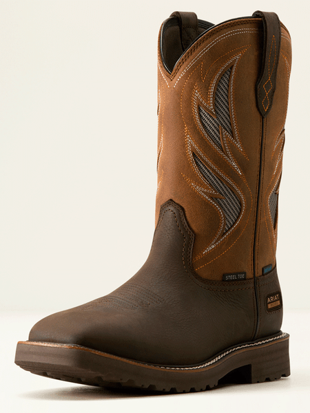 Ariat 10061119 Mens Activator VentTEK Waterproof Steel Toe Work Boot Dark Brown front and side view. If you need any assistance with this item or the purchase of this item please call us at five six one seven four eight eight eight zero one Monday through Saturday 10:00a.m EST to 8:00 p.m EST