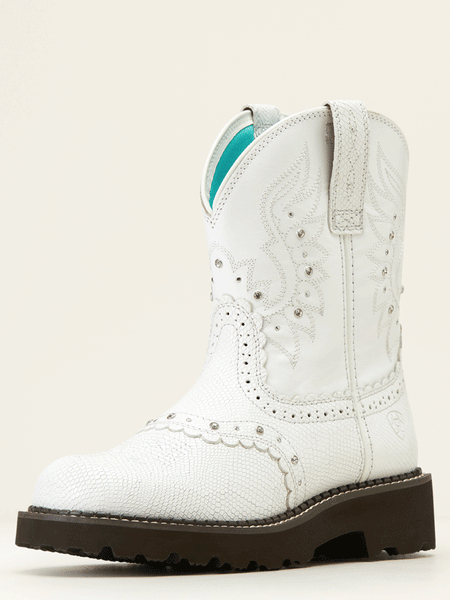 Ariat 10047012 Womens Fatbaby Gembaby Western Boot Snake Emboss White front and side view. If you need any assistance with this item or the purchase of this item please call us at five six one seven four eight eight eight zero one Monday through Saturday 10:00a.m EST to 8:00 p.m EST