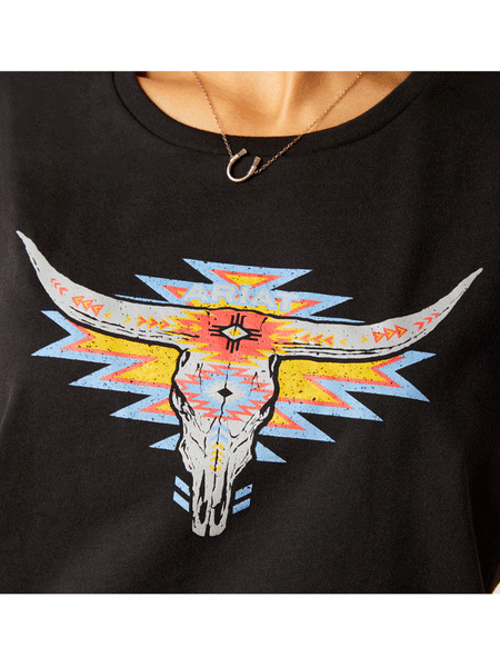 Ariat 10047602 Womens Geo Skull T-Shirt Black graphic close up view. If you need any assistance with this item or the purchase of this item please call us at five six one seven four eight eight eight zero one Monday through Saturday 10:00a.m EST to 8:00 p.m EST