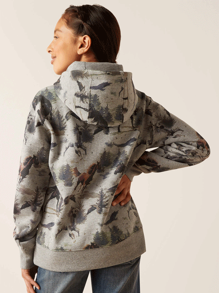 Ariat 10047331 Kids Misty Horse Hoodie Heather Grey back view. If you need any assistance with this item or the purchase of this item please call us at five six one seven four eight eight eight zero one Monday through Saturday 10:00a.m EST to 8:00 p.m EST