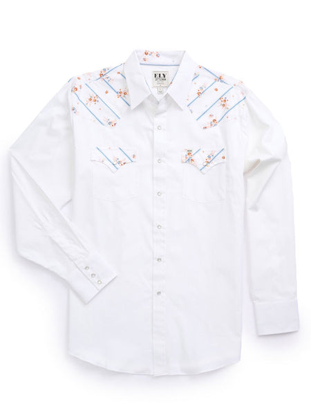 Ely Cattleman 2027119-WH Mens Solid Floral Stripe Print Western Snap Shirt White back view. If you need any assistance with this item or the purchase of this item please call us at five six one seven four eight eight eight zero one Monday through Saturday 10:00a.m EST to 8:00 p.m EST