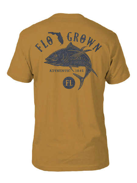 FloGrown FGM-1885 Mens Vintage Tuna Tee Antique Gold back view. If you need any assistance with this item or the purchase of this item please call us at five six one seven four eight eight eight zero one Monday through Saturday 10:00a.m EST to 8:00 p.m EST