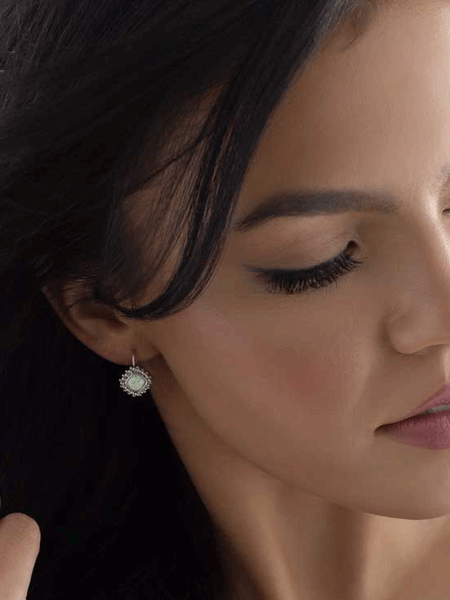 Montana Silversmiths ER5528 Womens Glacial Lake Opal Earrings Silver on model. If you need any assistance with this item or the purchase of this item please call us at five six one seven four eight eight eight zero one Monday through Saturday 10:00a.m EST to 8:00 p.m EST