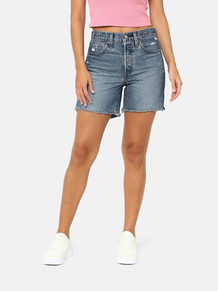 Levi's 858330058 Womens 501 Mid Thigh Denim Short Sure Time Flies front view. If you need any assistance with this item or the purchase of this item please call us at five six one seven four eight eight eight zero one Monday through Saturday 10:00a.m EST to 8:00 p.m EST