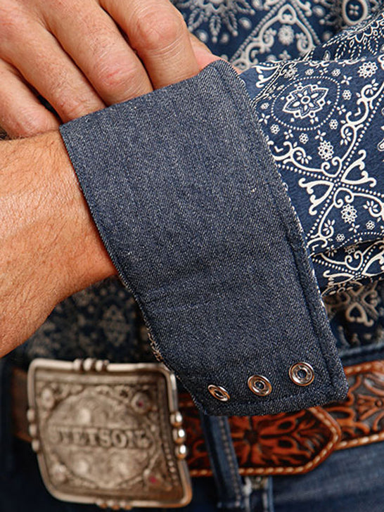 Stetson 11-001-0425-4011 Mens Bandana Medallion Western Shirt Blue cuff close up. If you need any assistance with this item or the purchase of this item please call us at five six one seven four eight eight eight zero one Monday through Saturday 10:00a.m EST to 8:00 p.m EST