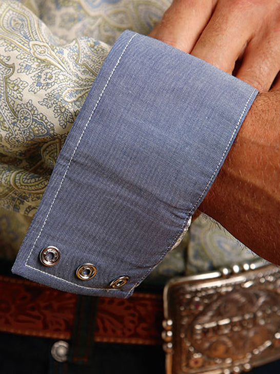 Stetson 11-001-0425-4009 Mens Paisley Western Shirt Light Blue cuff close up. If you need any assistance with this item or the purchase of this item please call us at five six one seven four eight eight eight zero one Monday through Saturday 10:00a.m EST to 8:00 p.m EST