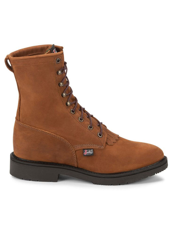 Justin 760 Mens CONDUCTOR 8" Lace Up Work Boot Hazel Brown front and inner side view pair. If you need any assistance with this item or the purchase of this item please call us at five six one seven four eight eight eight zero one Monday through Saturday 10:00a.m EST to 8:00 p.m EST