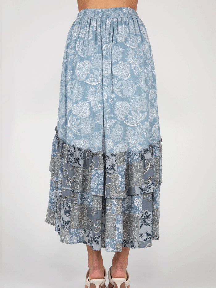 Miss Me MS0133L Womens Long Tiered Ruffled Floral Skirt Blue front view. If you need any assistance with this item or the purchase of this item please call us at five six one seven four eight eight eight zero one Monday through Saturday 10:00a.m EST to 8:00 p.m EST