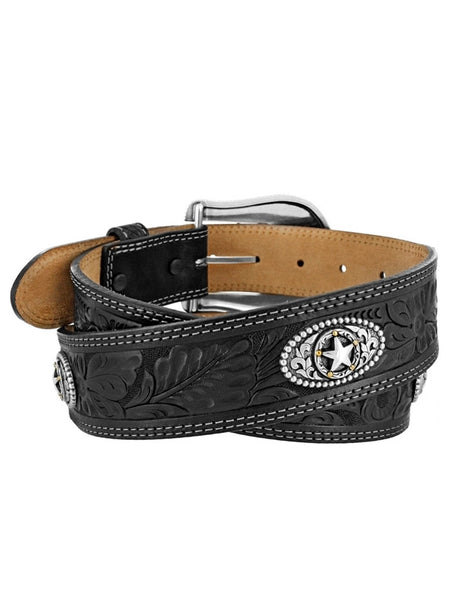 Justin C12423 Mens 5 Star Tooled Leather Belt Black back view. If you need any assistance with this item or the purchase of this item please call us at five six one seven four eight eight eight zero one Monday through Saturday 10:00a.m EST to 8:00 p.m EST