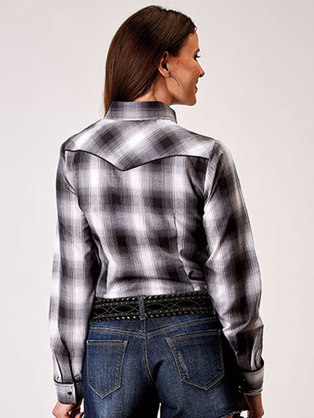 Roper 01-050-0016-3005 Womens Long Sleeve Plaid Shirt Black back view. If you need any assistance with this item or the purchase of this item please call us at five six one seven four eight eight eight zero one Monday through Saturday 10:00a.m EST to 8:00 p.m EST