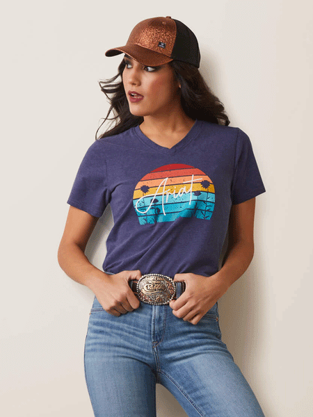 Ariat 10043418 Womens REAL Horizon T-Shirt Navy Heather front view. If you need any assistance with this item or the purchase of this item please call us at five six one seven four eight eight eight zero one Monday through Saturday 10:00a.m EST to 8:00 p.m EST