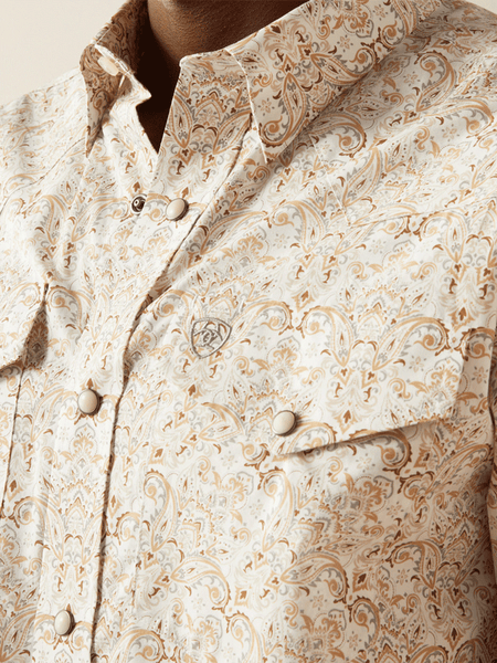 Ariat 10058758 Mens Wellington Classic Fit Long Sleeve Shirt Tan front close up. If you need any assistance with this item or the purchase of this item please call us at five six one seven four eight eight eight zero one Monday through Saturday 10:00a.m EST to 8:00 p.m EST