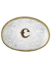 Montana Silversmiths 700 Initial Silver Engraved Gold Trim Western Belt Buckle letter C front view. If you need any assistance with this item or the purchase of this item please call us at five six one seven four eight eight eight zero one Monday through Saturday 10:00a.m EST to 8:00 p.m EST