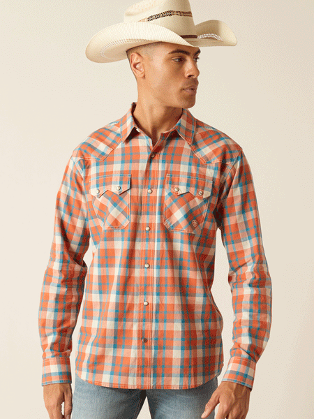 Ariat 10048497 Mens Hilario Retro Fit Shirt Arabesque Orange front view. If you need any assistance with this item or the purchase of this item please call us at five six one seven four eight eight eight zero one Monday through Saturday 10:00a.m EST to 8:00 p.m EST