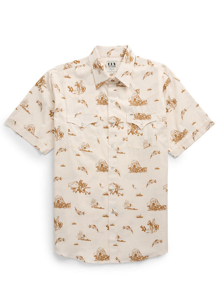 Ely Cattleman 2023116-EC Mens Short Sleeve Cowboy Shirt Beige Ecru Print front view. If you need any assistance with this item or the purchase of this item please call us at five six one seven four eight eight eight zero one Monday through Saturday 10:00a.m EST to 8:00 p.m EST