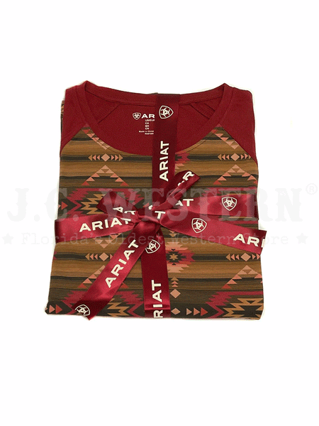 Ariat 10042604 Womens Long Sleeve Pajama Set Southwest Style Print Red folded as gift set. If you need any assistance with this item or the purchase of this item please call us at five six one seven four eight eight eight zero one Monday through Saturday 10:00a.m EST to 8:00 p.m EST