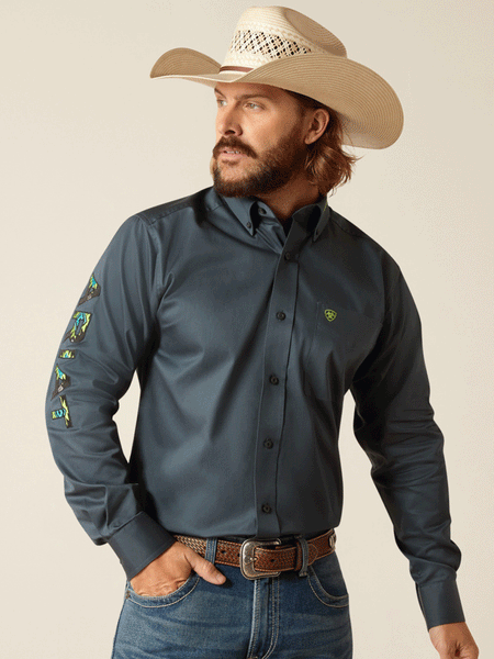 Ariat 10048718 Mens Team Logo Twill Fitted Shirt Dark Grey front view. If you need any assistance with this item or the purchase of this item please call us at five six one seven four eight eight eight zero one Monday through Saturday 10:00a.m EST to 8:00 p.m EST