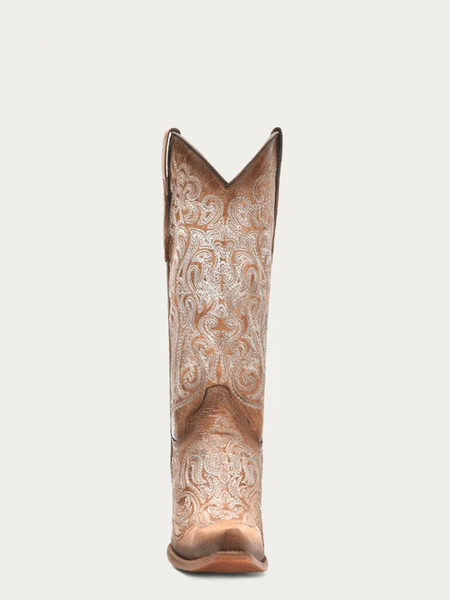 Corral C4144 Ladies Cowhide Embroidery Boot Natural Camel Tan front view. If you need any assistance with this item or the purchase of this item please call us at five six one seven four eight eight eight zero one Monday through Saturday 10:00a.m EST to 8:00 p.m EST