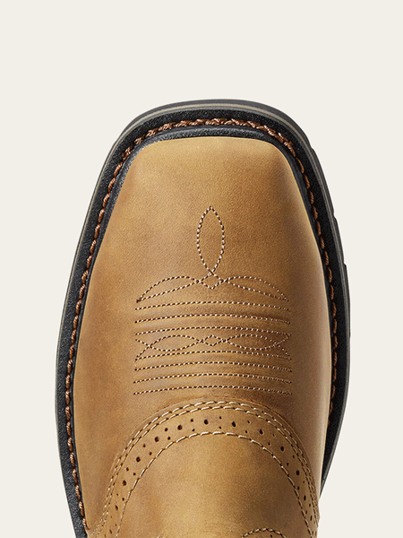 Ariat 10010134 Mens Sierra Wide Square Toe Steel Toe Work Boot Aged Bark Tan toe view from above. If you need any assistance with this item or the purchase of this item please call us at five six one seven four eight eight eight zero one Monday through Saturday 10:00a.m EST to 8:00 p.m EST