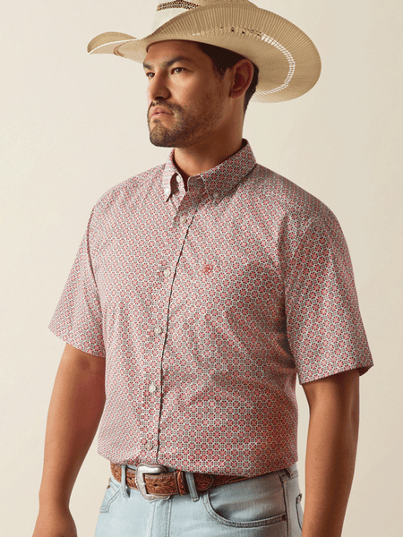 Ariat 10058749 Mens Welch Classic Fit Short Sleeve Shirt Red front view. If you need any assistance with this item or the purchase of this item please call us at five six one seven four eight eight eight zero one Monday through Saturday 10:00a.m EST to 8:00 p.m EST