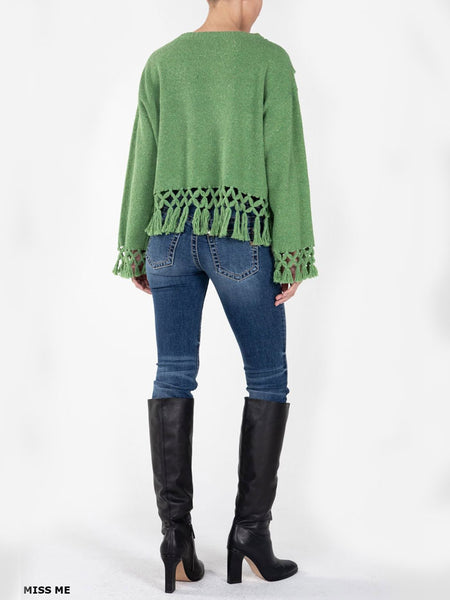 Miss Me MSW0421L Womens Knitted Fringe Sweater Green back view. If you need any assistance with this item or the purchase of this item please call us at five six one seven four eight eight eight zero one Monday through Saturday 10:00a.m EST to 8:00 p.m EST