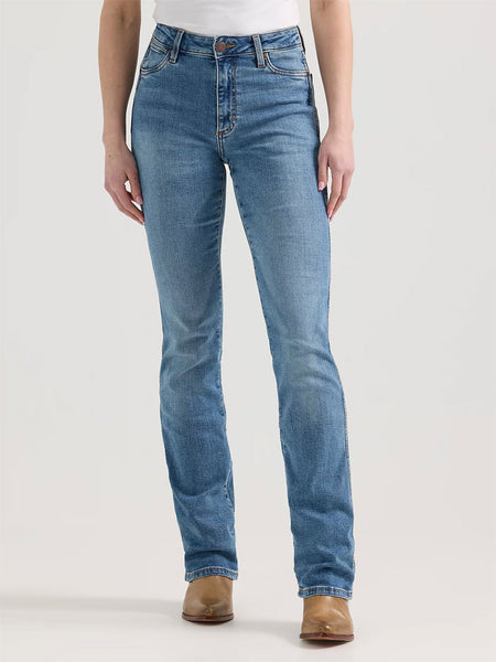 Wrangler 112344635 Womens Retro Bailey High Rise Bootcut Jean Ember Medium Blue front view. If you need any assistance with this item or the purchase of this item please call us at five six one seven four eight eight eight zero one Monday through Saturday 10:00a.m EST to 8:00 p.m EST