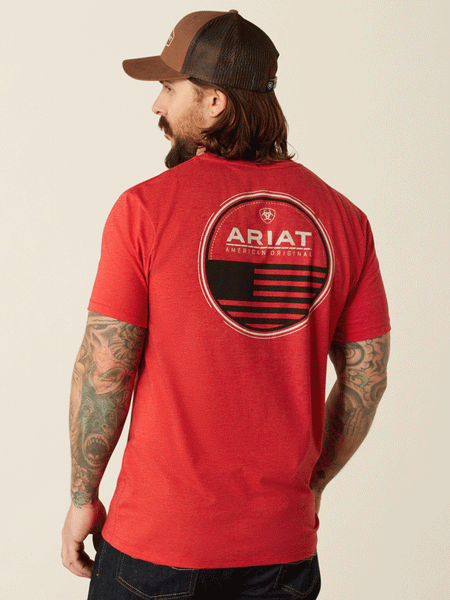 Ariat 10053991 Mens Original Flag Scope T-Shirt Red Heather back view. If you need any assistance with this item or the purchase of this item please call us at five six one seven four eight eight eight zero one Monday through Saturday 10:00a.m EST to 8:00 p.m EST