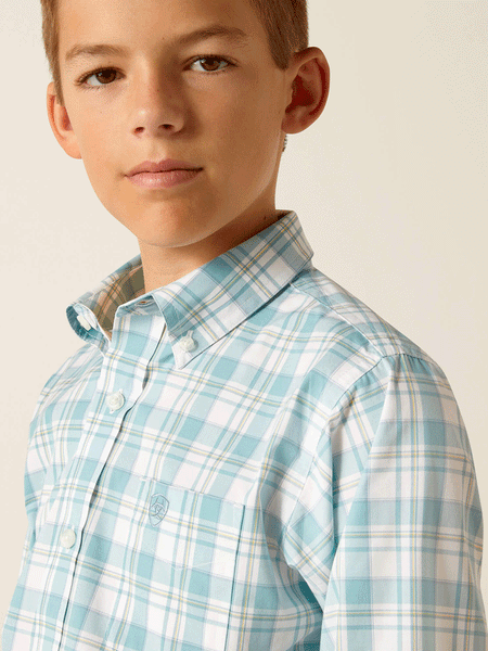 Ariat 10051412 Kids Pro Series Edward Classic Fit Shirt Turquoise close up front view. If you need any assistance with this item or the purchase of this item please call us at five six one seven four eight eight eight zero one Monday through Saturday 10:00a.m EST to 8:00 p.m EST