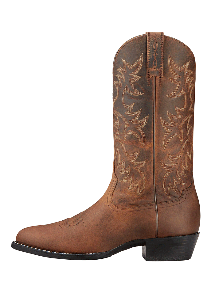Ariat 10002204 Mens Heritage R Toe Western Boot Distressed Brown front and side view  If you need any assistance with this item or the purchase of this item please call us at five six one seven four eight eight eight zero one Monday through Satuday 10:00 a.m. EST to 8:00 p.m. EST